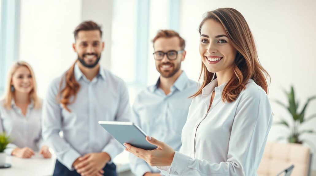 Contabilidade e Presença Digital - Jovem mulher de negócios sorrindo e segurndo tablet em frente a sua equipe