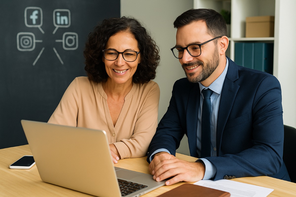 Como usar redes sociais para escritorios de contabilidade Dois funionários sorrindo analisando informação no notebook