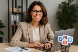 Como usar redes sociais para escritorios de contabilidade. Jovem empreendedora olhando para a camera e usando o notebook