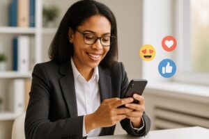 Como usar redes sociais para escritorios de contabilidade. Por que estar nas redes. Imagem de uma mulher usando o celular nas redes sociais