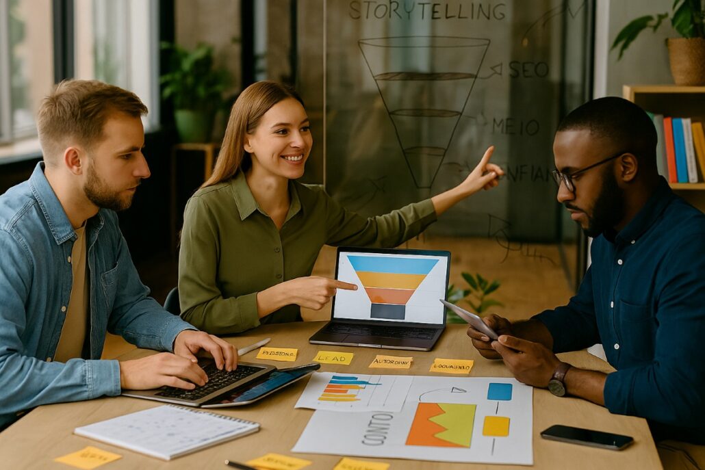 Equipe de marketing reunida em sala de reunião moderna analisando funil de vendas e estratégias de marketing de conteúdo com gráficos, post-its e dados visuais.