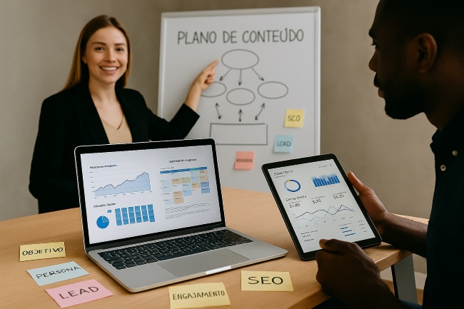 Profissionais discutem plano de conteúdo com foco em marketing de conteúdo, analisando gráficos em laptop e tablet enquanto uma mulher apresenta estratégias em um quadro com tópicos como SEO, lead e persona.