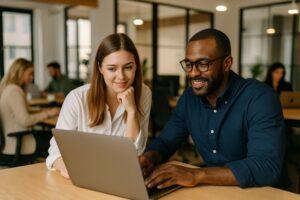 Profissionais de marketing sorrindo enquanto analisam estratégias de marketing de conteúdo em um notebook, dentro de um escritório moderno e colaborativo.