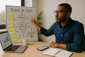Profissional aponta para quadro com plano de ação e funil de conteúdo enquanto analisa gráficos em notebook, representando uma estratégia de marketing de conteúdo voltada para metas e engajamento.