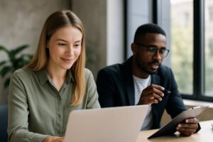 Profissionais analisando dados em notebook e prancheta durante reunião estratégica sobre marketing de conteúdo em ambiente corporativo iluminado.