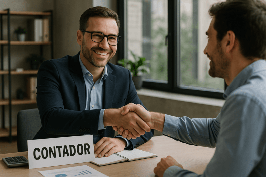 Contador cumprimentando cliente em um escritório moderno.