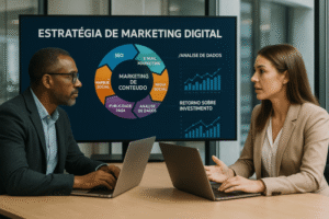 Reunião de negócios sobre estratégias de prospecção contábil.