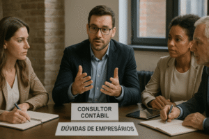 Consultor contábil respondendo perguntas de empresários.