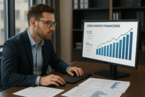 Contador analisando gráficos de crescimento em um escritório