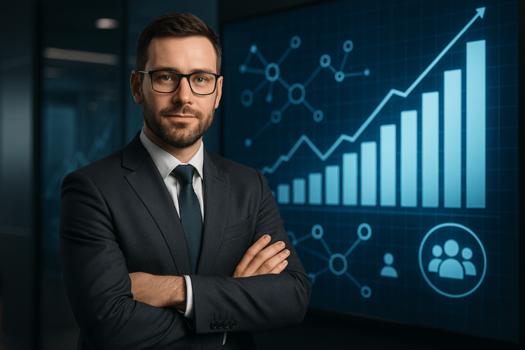 Contador moderno diante de painel digital com gráficos de crescimento