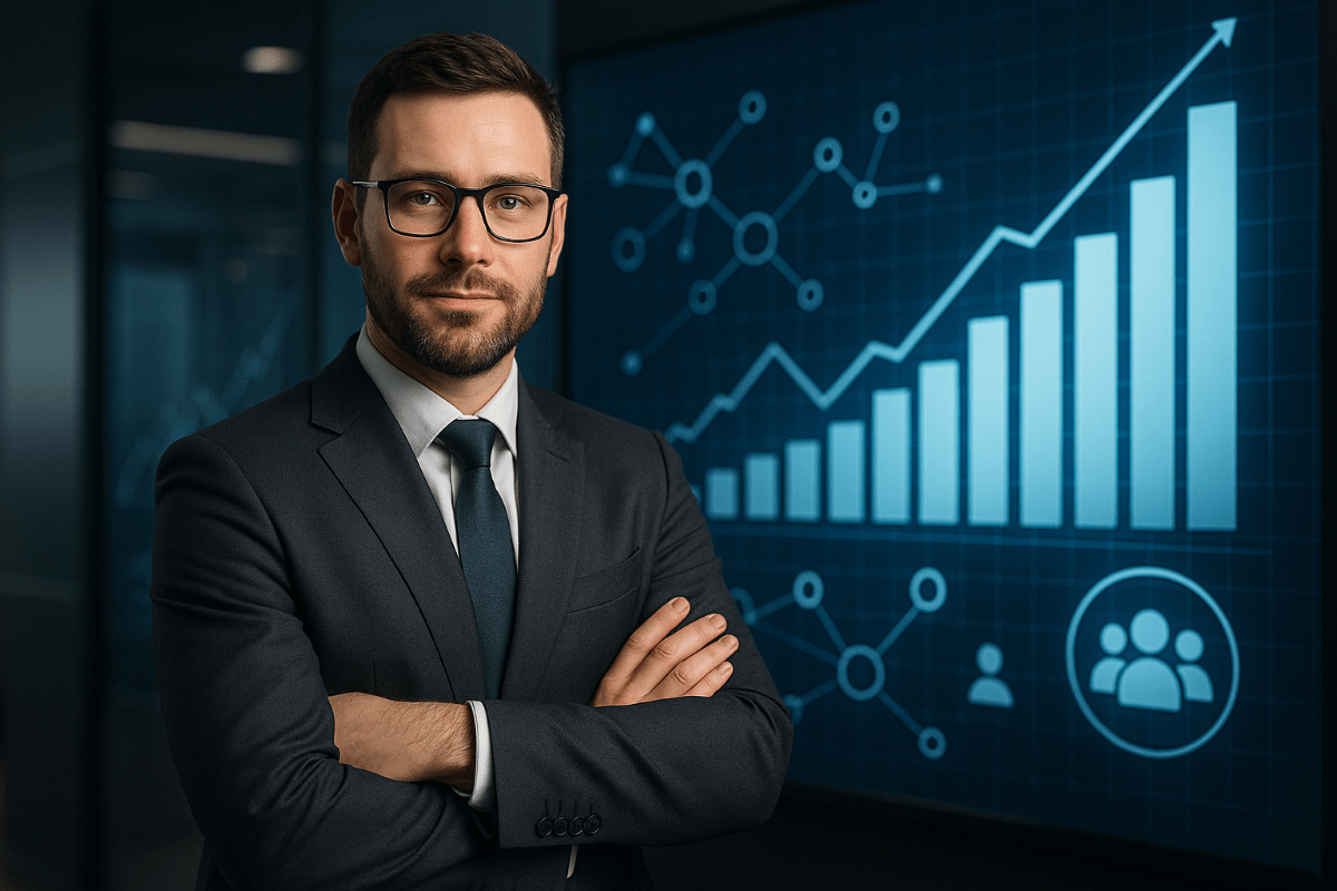 Contador moderno diante de painel digital com gráficos de crescimento