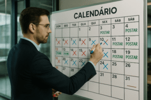 Contador planejando calendário editorial em quadro branco.