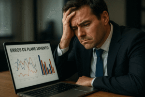 Empresário frustrado ao analisar erros de planejamento editorial.