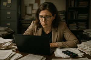 Contadora preocupada com papéis bagunçados e falta de organização