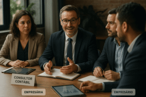 Consultor contábil respondendo dúvidas de empresários em reunião.