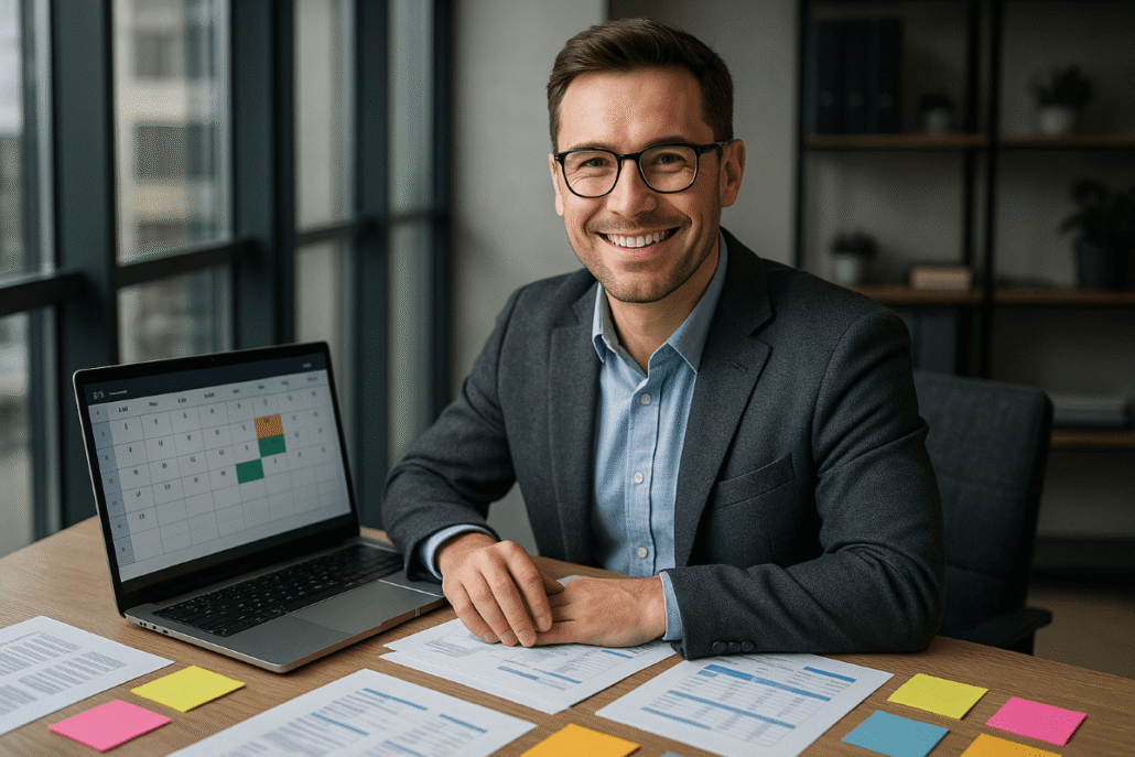 Contador organizando calendário editorial em laptop com post-its.