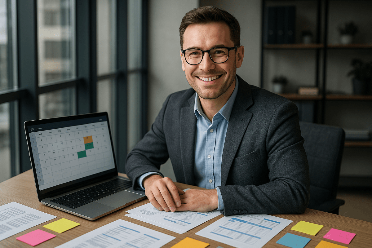 Contador organizando calendário editorial em laptop com post-its.