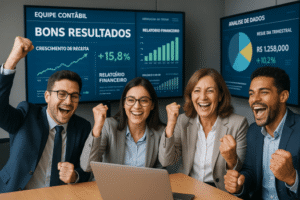 Equipe de contabilidade comemorando sucesso digital.