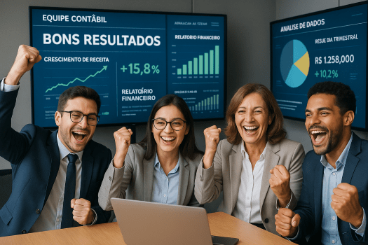 Equipe de contabilidade comemorando sucesso digital.
