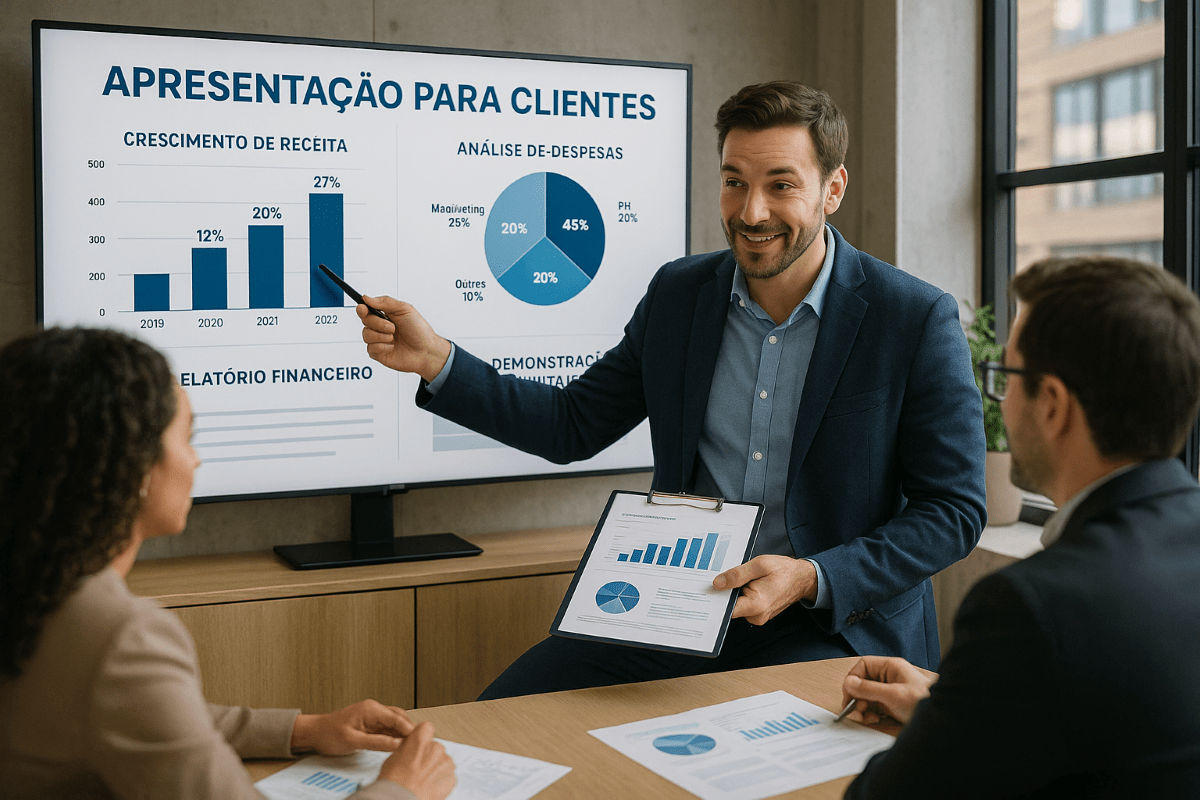 Contador aplicando storytelling em apresentação de dados contábeis.