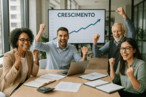 Equipe de contadores comemorando crescimento digital consistente.