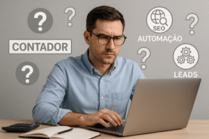 Contador respondendo dúvidas sobre estratégias de marketing contábil.