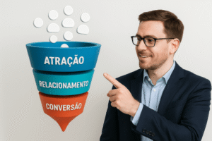 Funil digital ilustrando as etapas de atração, relacionamento e conversão de clientes.