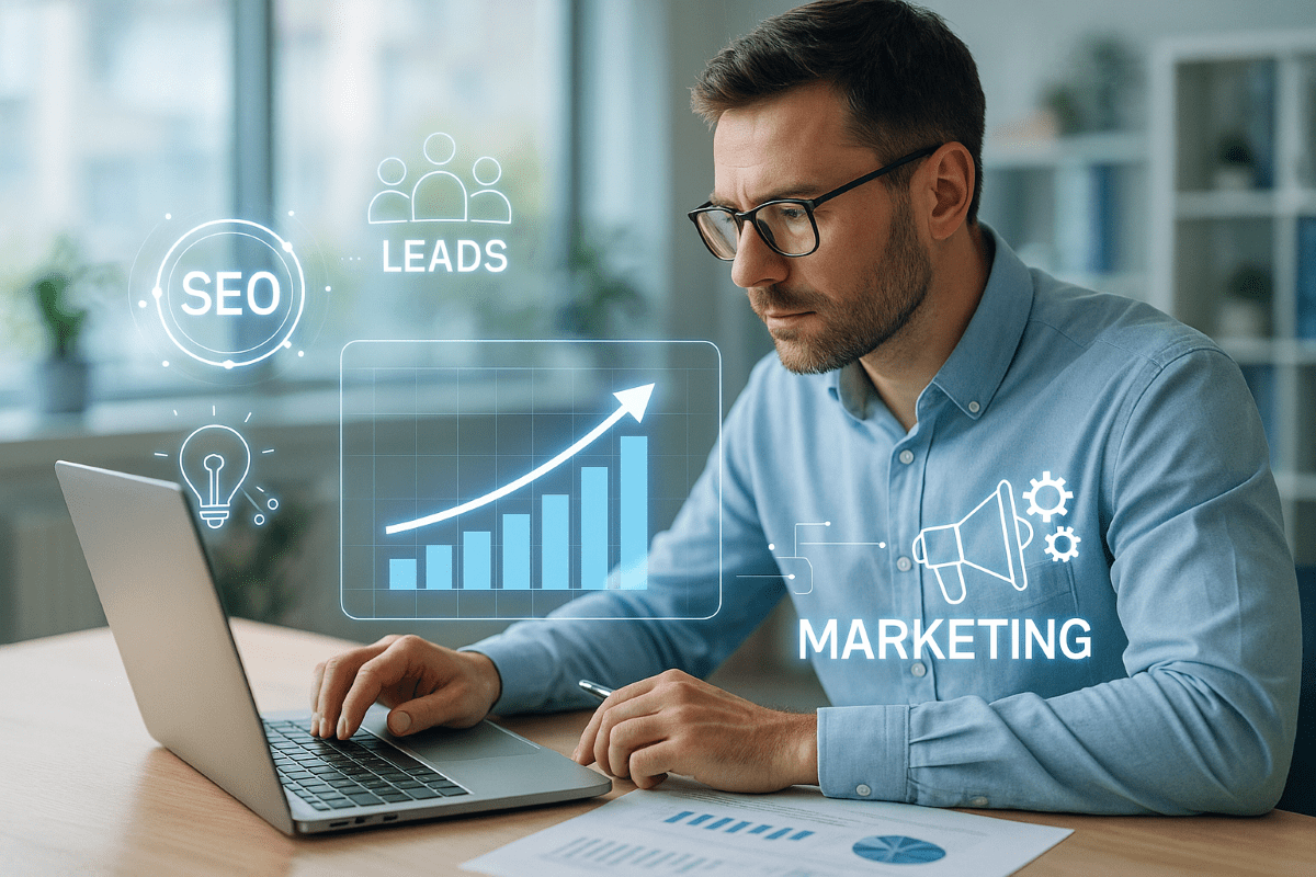 Contador moderno analisando dados digitais para atrair novos clientes.