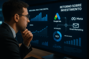 Contador analisando painéis de desempenho de campanhas digitais automatizadas.