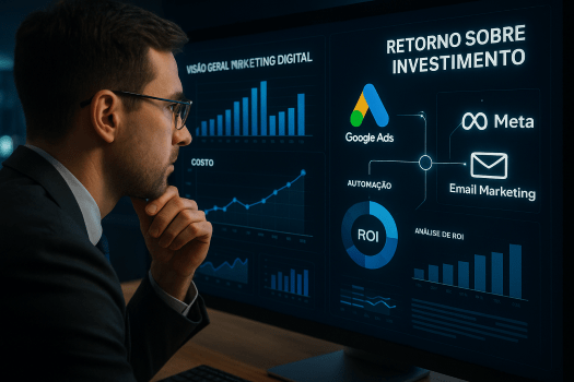 Contador analisando painéis de desempenho de campanhas digitais automatizadas.