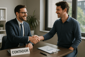 Contador cumprimentando cliente após sucesso em estratégias de marketing contábil.