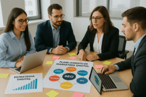 Equipe contábil planejando estratégias de marketing digital para atrair clientes.