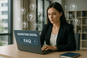 Profissional pesquisando perguntas frequentes sobre marketing contábil em notebook.