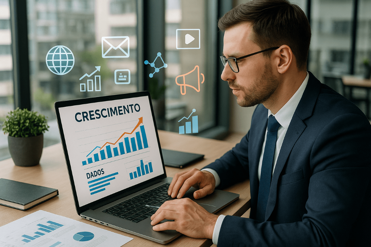 Contador analisando gráficos de desempenho e estratégias de marketing digital em escritório moderno.
