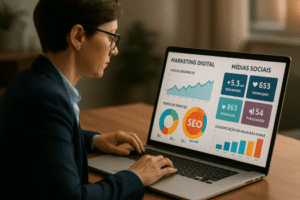 Profissional analisando presença digital e estratégias de SEO para escritório contábil.