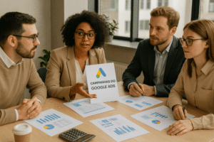 Equipe de contadores criando campanhas de sucesso no Google Ads.