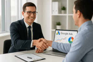 Contador celebrando sucesso com cliente após campanhas de Google Ads.