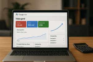 Painel de Google Ads mostrando crescimento em campanhas contábeis.