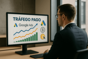 Empresário analisando impacto do tráfego pago em campanhas contábeis.