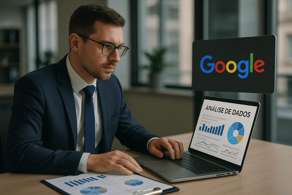 Contador analisa dados de presença online no Google Meu Negócio em seu escritório.