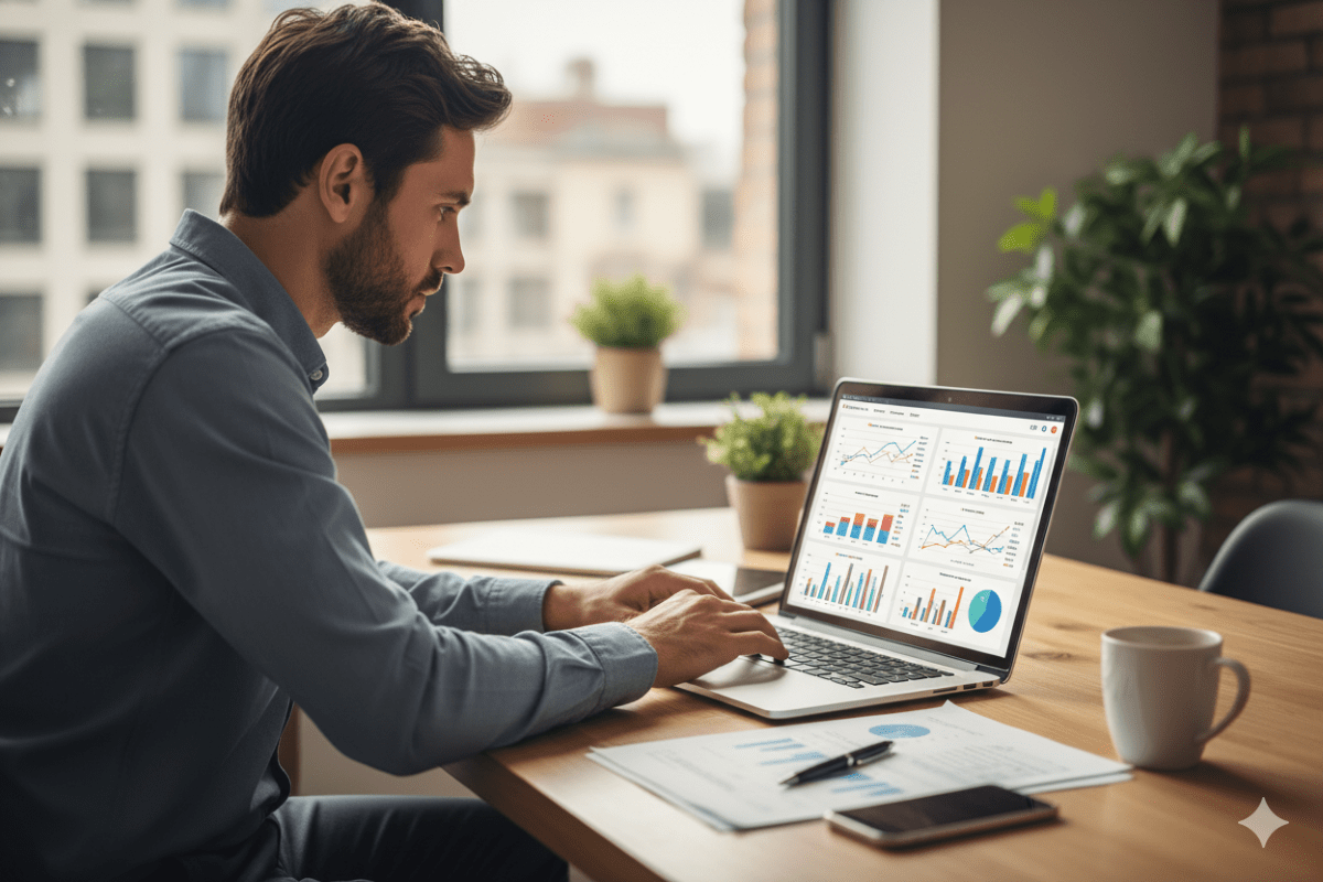 Contador analisando resultados de marketing digital no escritório.