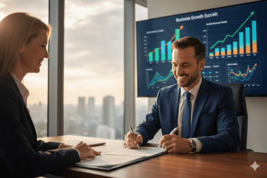 Contador comemorando sucesso em marketing digital.