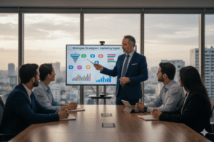 Consultor explicando marketing contábil a empreendedores.