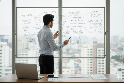 Contador aplicando estratégias de marketing no escritório.