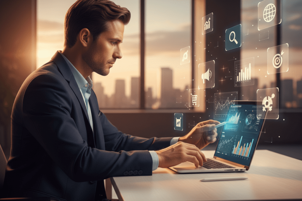 Contador analisando resultados de marketing digital em escritório moderno.