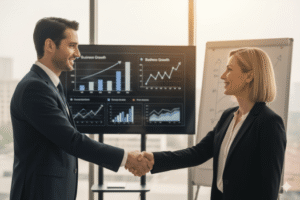 Contador cumprimentando cliente satisfeito após reunião de sucesso.