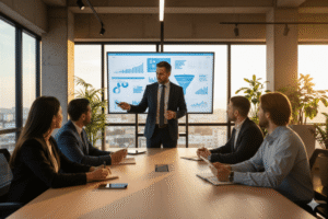 Contador apresentando estratégias de marketing em workshop empresarial.
