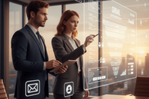 Consultor de marketing apresentando funil de geração de leads para contador.